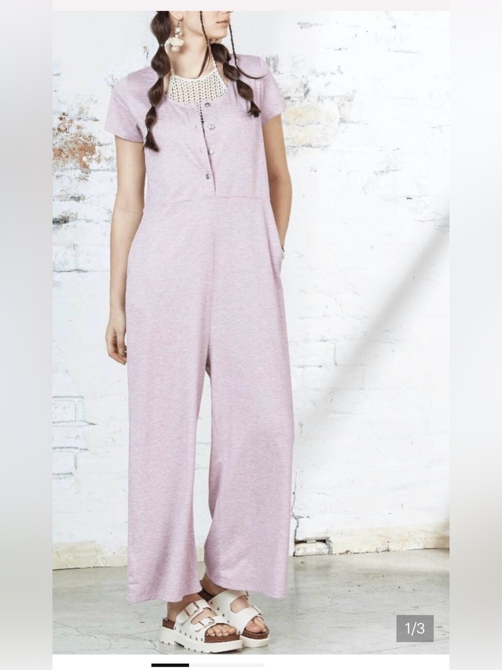 French Terry Wide Leg Short Sleeve Pockets Jumpsuit Lilac NEW super cute.